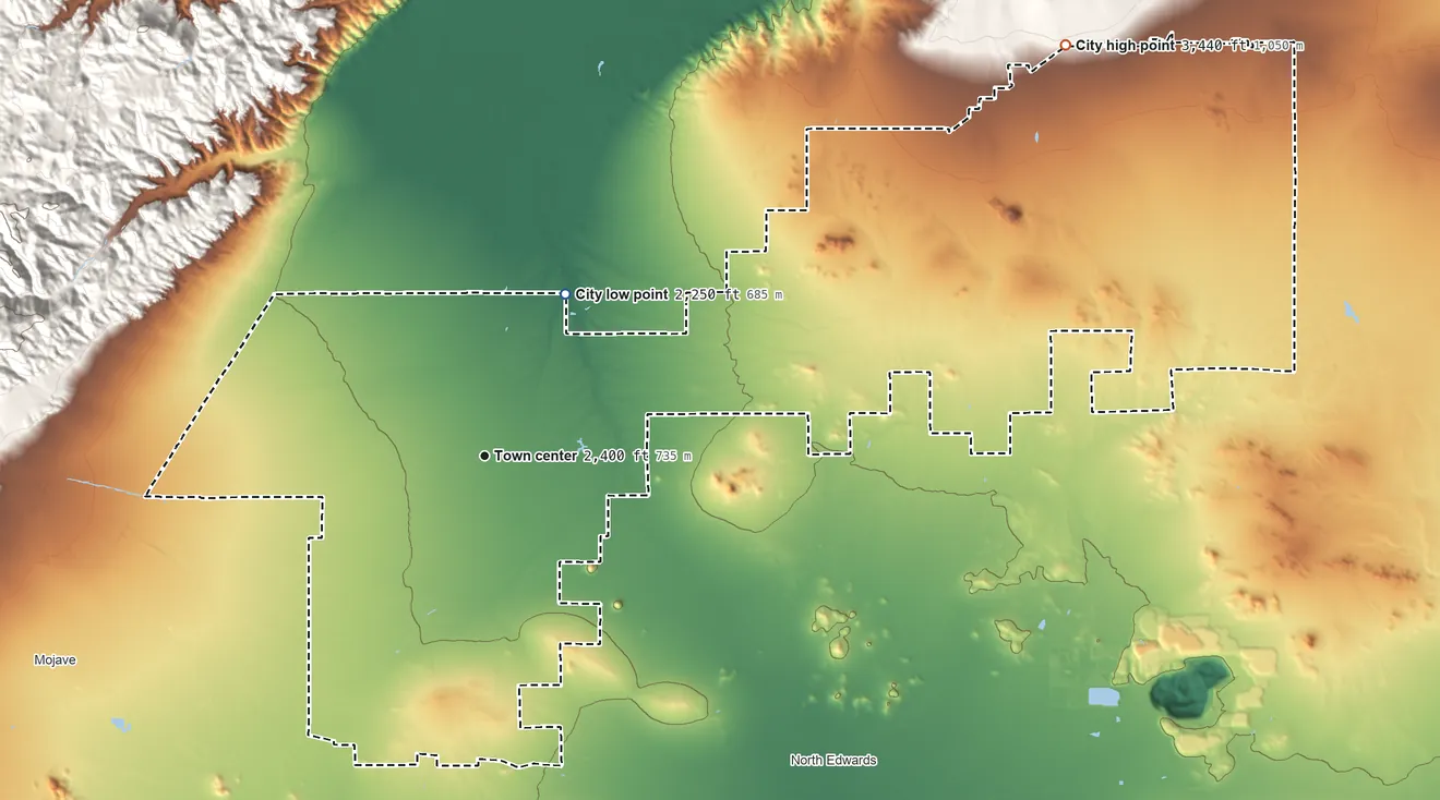Topographic elevation map of California City, California, shaded from 2,250 ft on the northeast side to 3,440 ft at the foot of the Rand Mountains