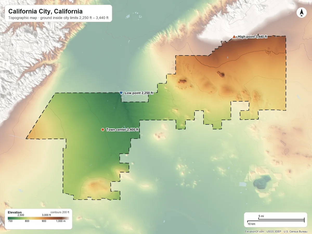 Topographic elevation map of California City, California, shaded from 2,250 ft on the northeast side to 3,440 ft at the foot of the Rand Mountains