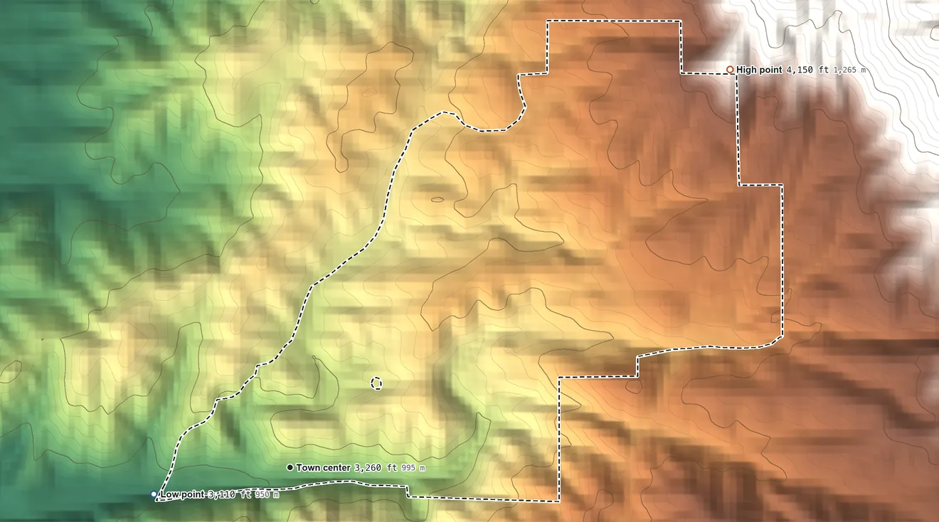 Topographic elevation map of California Hot Springs, California, shaded from 3,110 ft on the west side to 4,150 ft at the foot of the Greenhorn Mountains