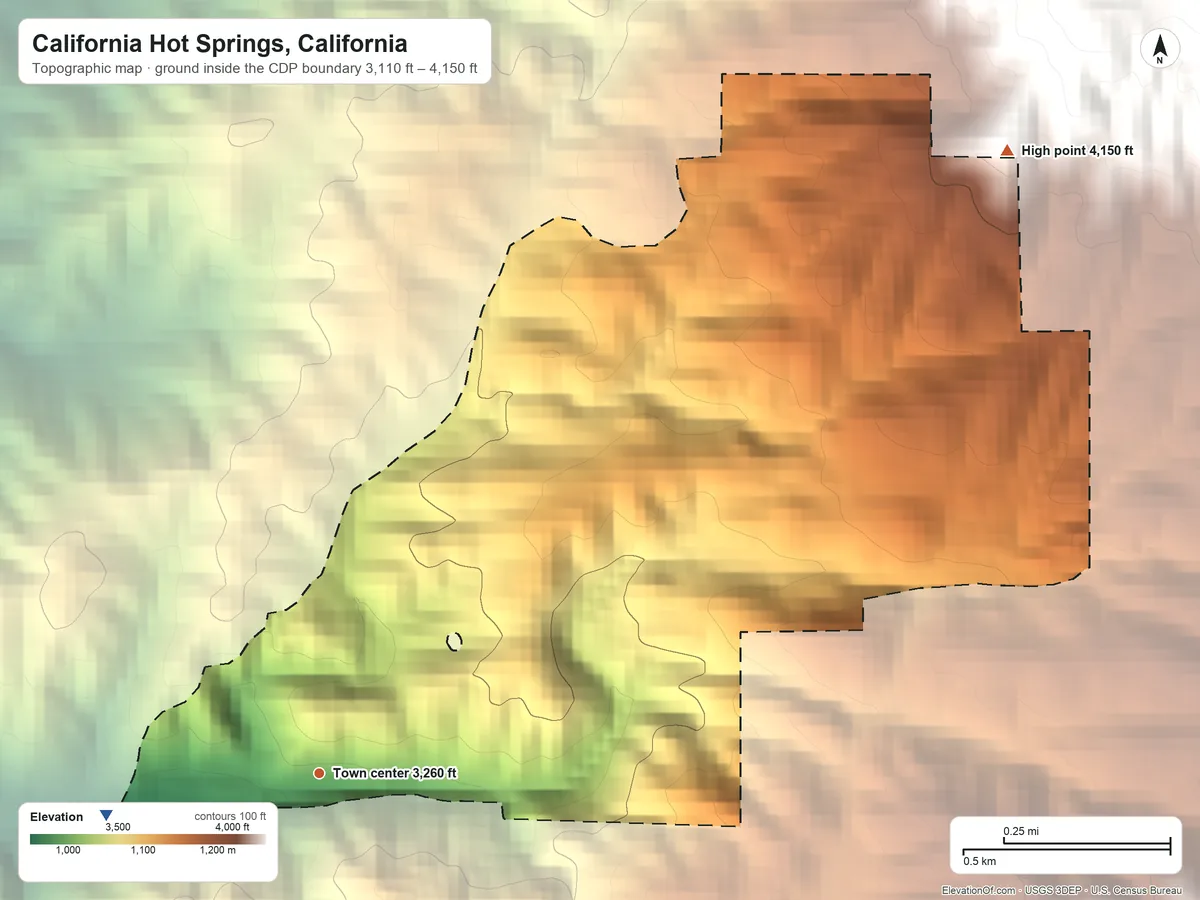 Topographic elevation map of California Hot Springs, California, shaded from 3,110 ft on the west side to 4,150 ft at the foot of the Greenhorn Mountains