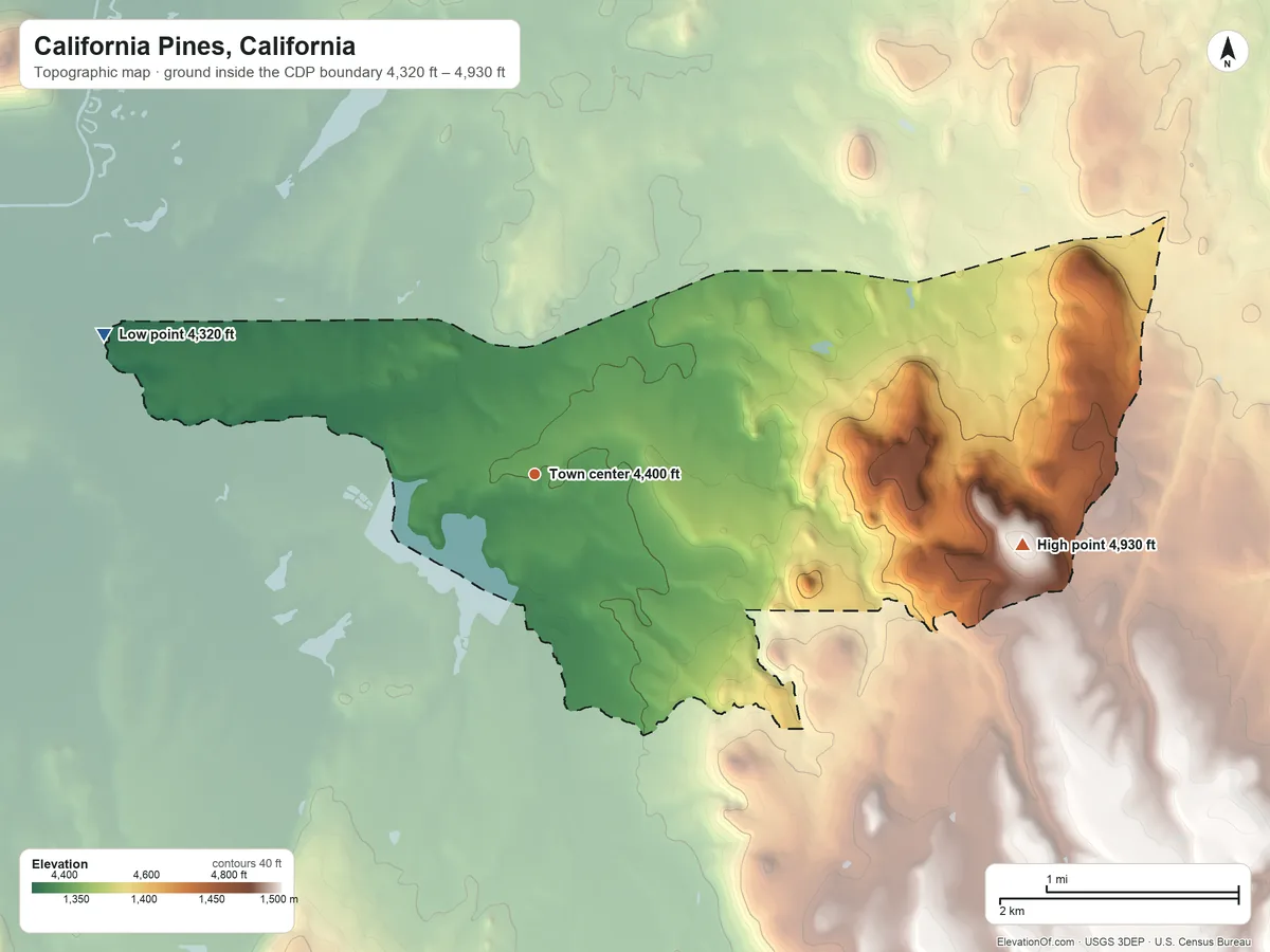 Topographic elevation map of California Pines, California, shaded from 4,320 ft on the west side to 4,930 ft on the east side