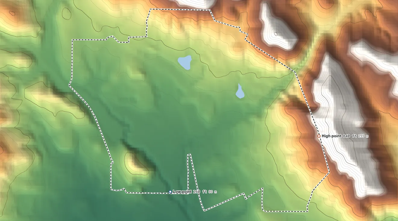 Topographic elevation map of California Polytechnic State University, California, shaded from 260 ft on the southwest side to 840 ft at the foot of the Irish Hills