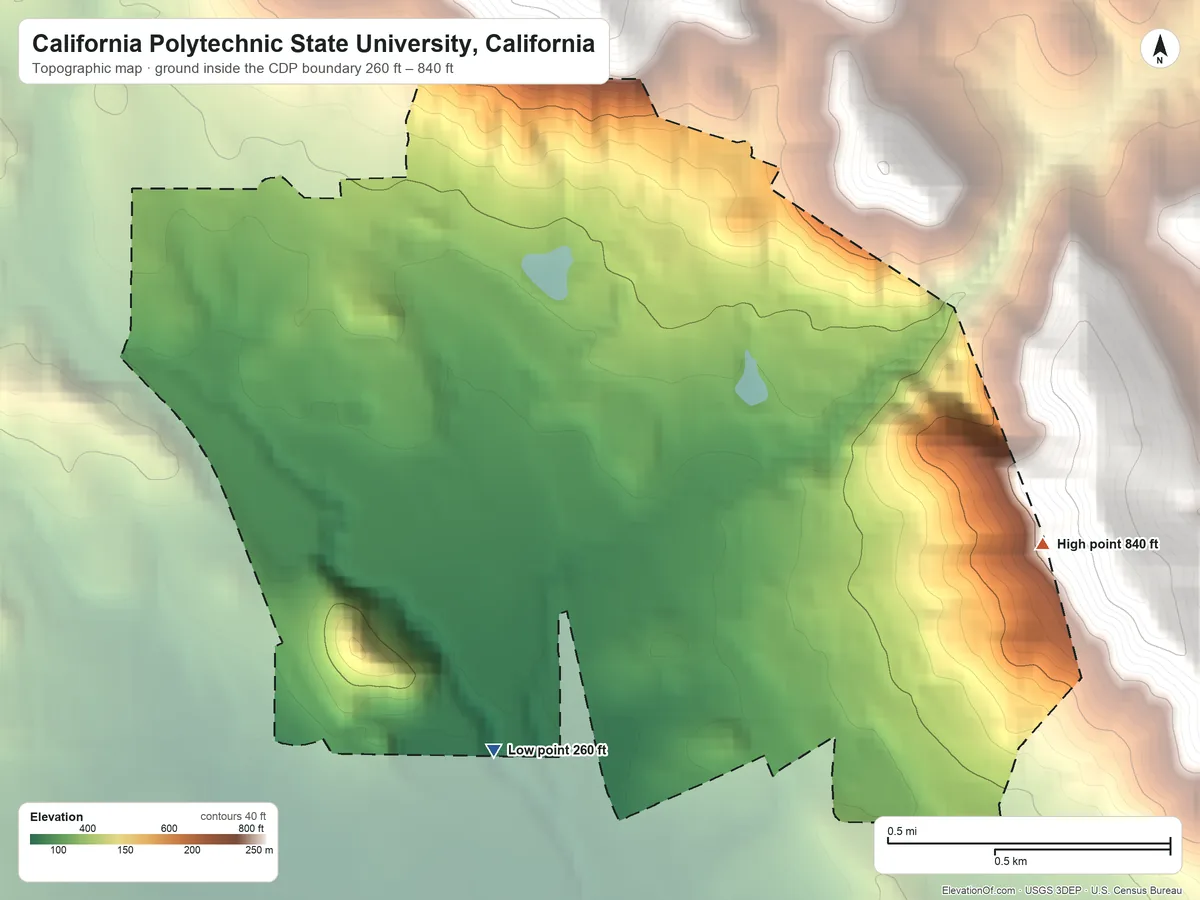 Topographic elevation map of California Polytechnic State University, California, shaded from 260 ft on the southwest side to 840 ft at the foot of the Irish Hills