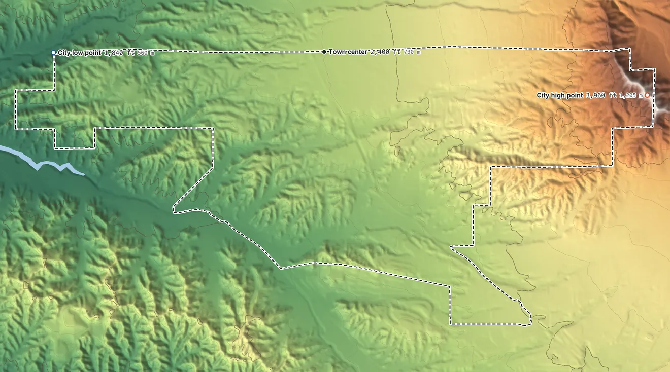 Topographic elevation map of Calimesa, California, shaded from 1,840 ft on the west side to 3,960 ft on the east side