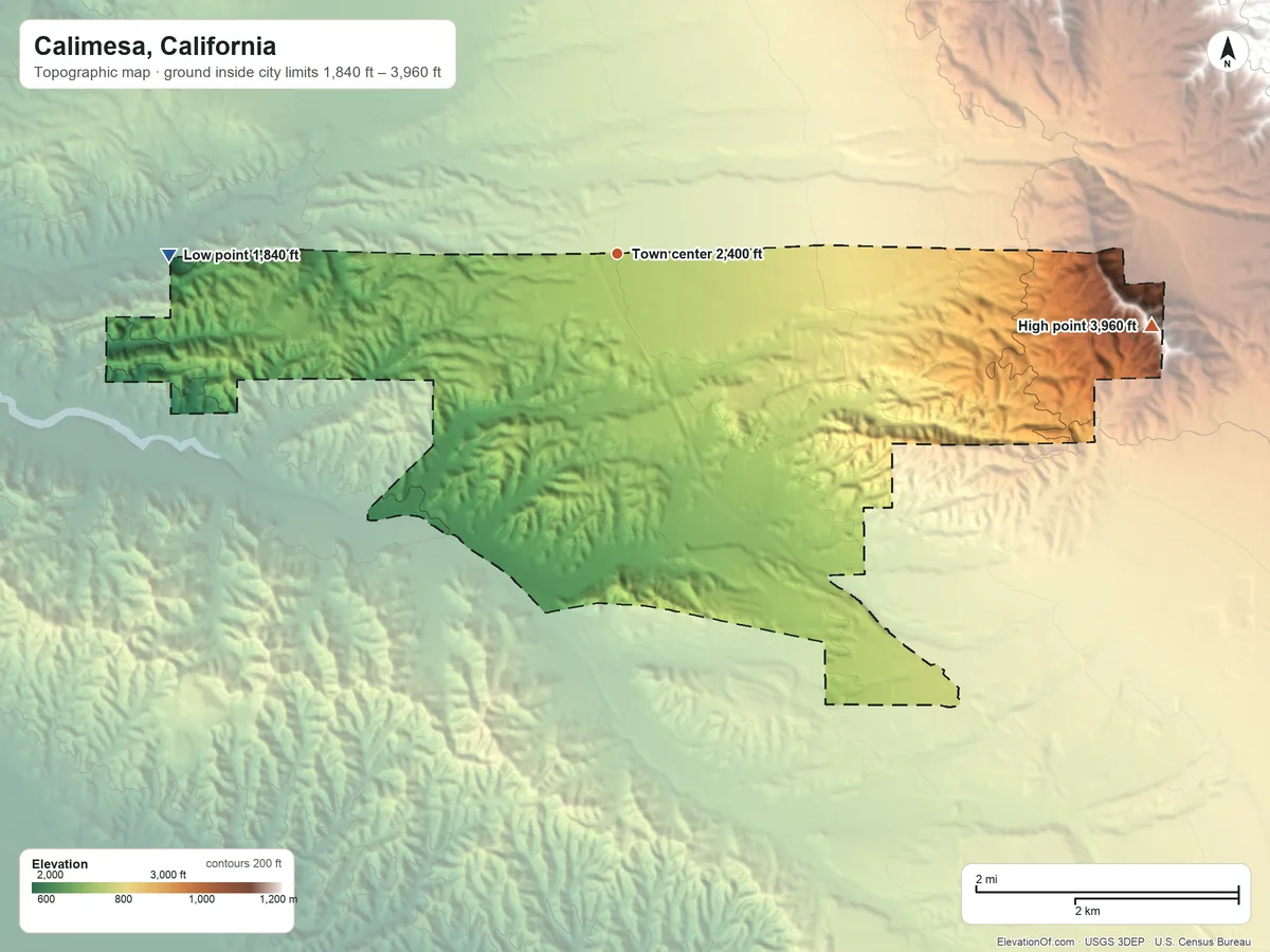 Topographic elevation map of Calimesa, California, shaded from 1,840 ft on the west side to 3,960 ft on the east side