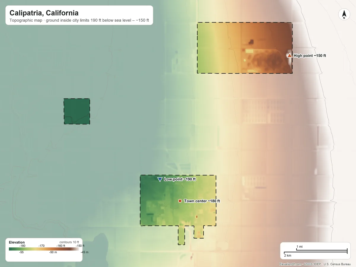 Topographic elevation map of Calipatria, California, shaded from −190 ft near the middle to −150 ft on the northeast side