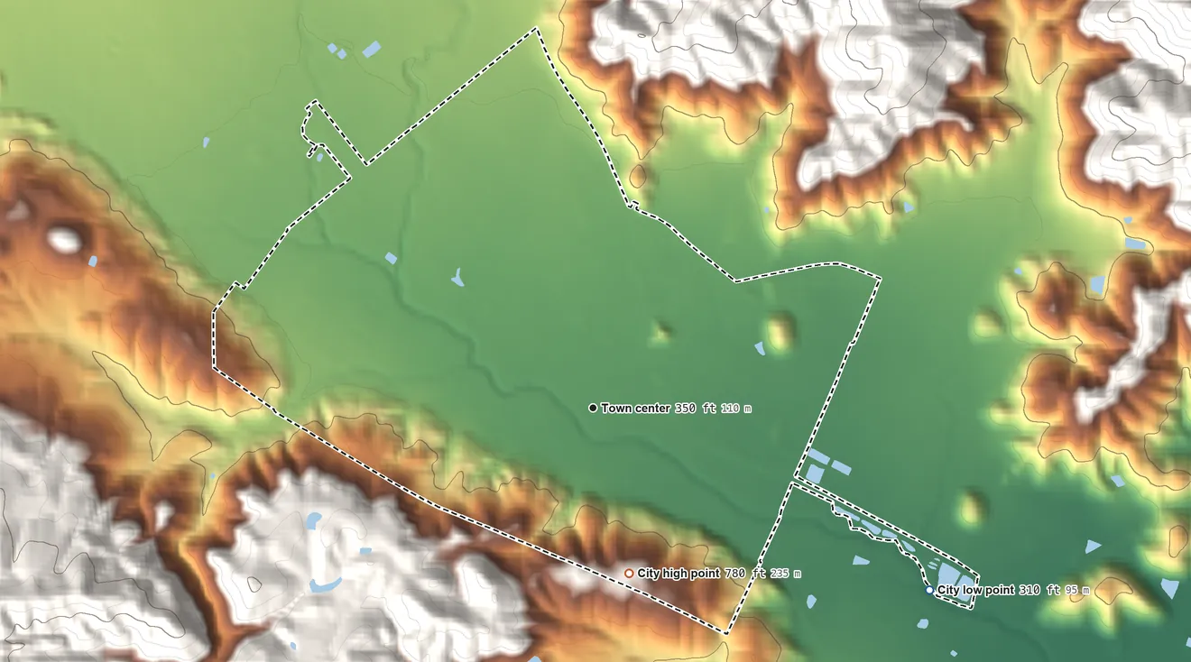 Topographic elevation map of Calistoga, California, shaded from 310 ft on the southeast side to 780 ft at the foot of The Palisades