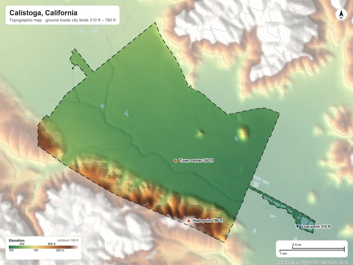 Topographic elevation map of Calistoga, California, shaded from 310 ft on the southeast side to 780 ft at the foot of The Palisades