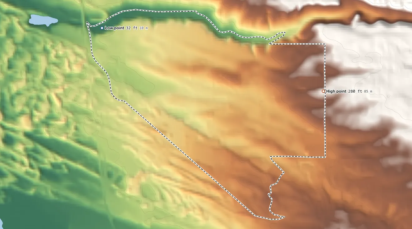 Topographic elevation map of Callender, California, shaded from 32 ft on the northwest side to 280 ft on the east side