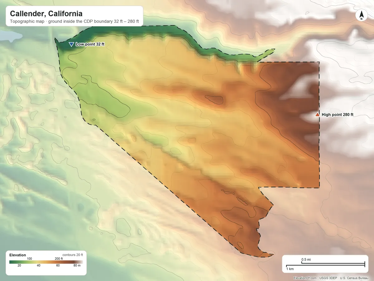 Topographic elevation map of Callender, California, shaded from 32 ft on the northwest side to 280 ft on the east side