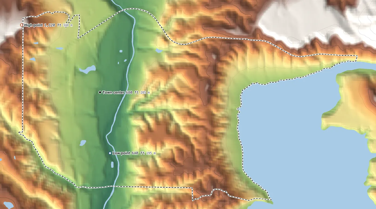 Topographic elevation map of Calpella, California, shaded from 640 ft on the south side to 1,120 ft on the northwest side