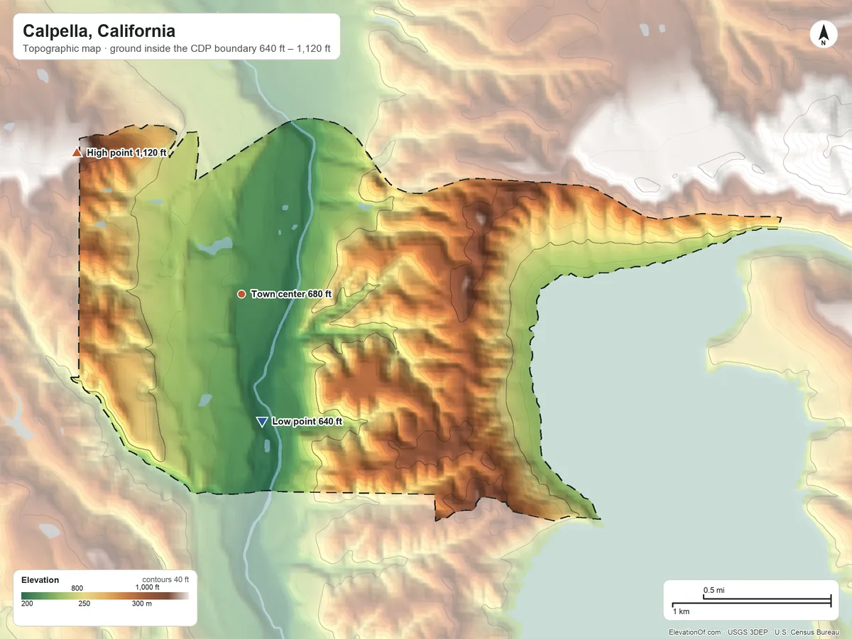 Topographic elevation map of Calpella, California, shaded from 640 ft on the south side to 1,120 ft on the northwest side