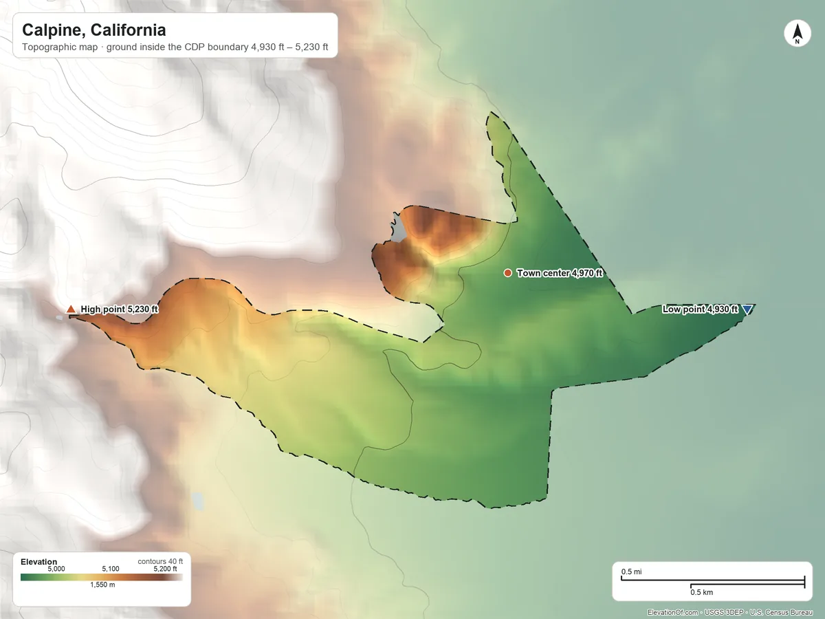 Topographic elevation map of Calpine, California, shaded from 4,930 ft on the east side to 5,230 ft on the west edge, below higher ground just outside