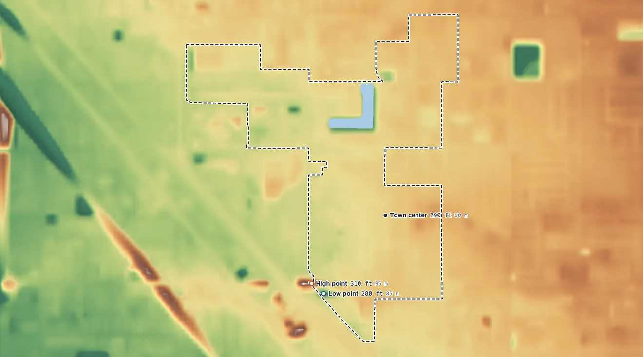 Topographic elevation map of Calwa, California, shaded from 280 ft on the southwest side to 310 ft on the southwest side
