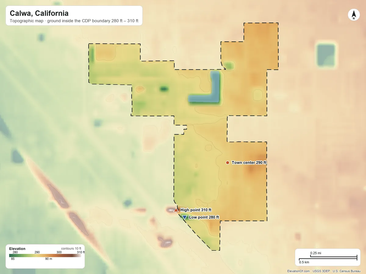 Topographic elevation map of Calwa, California, shaded from 280 ft on the southwest side to 310 ft on the southwest side