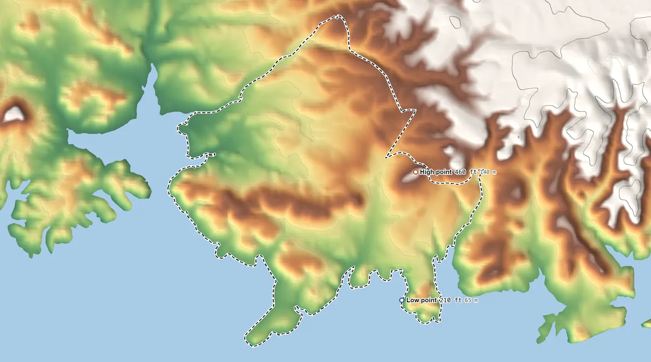 Topographic elevation map of Camanche North Shore, California, shaded from 210 ft on the southeast side to 460 ft on the northeast side