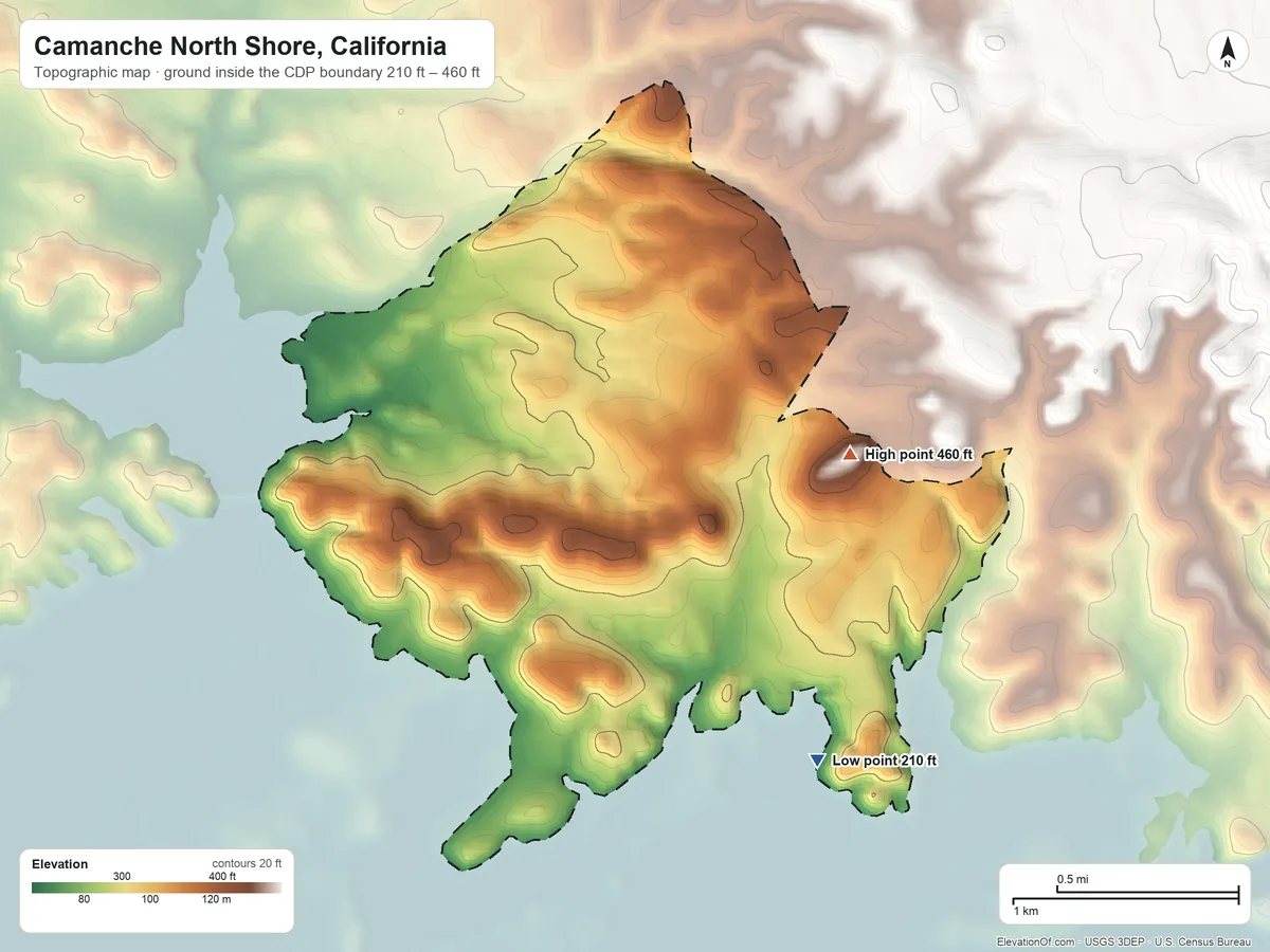 Topographic elevation map of Camanche North Shore, California, shaded from 210 ft on the southeast side to 460 ft on the northeast side