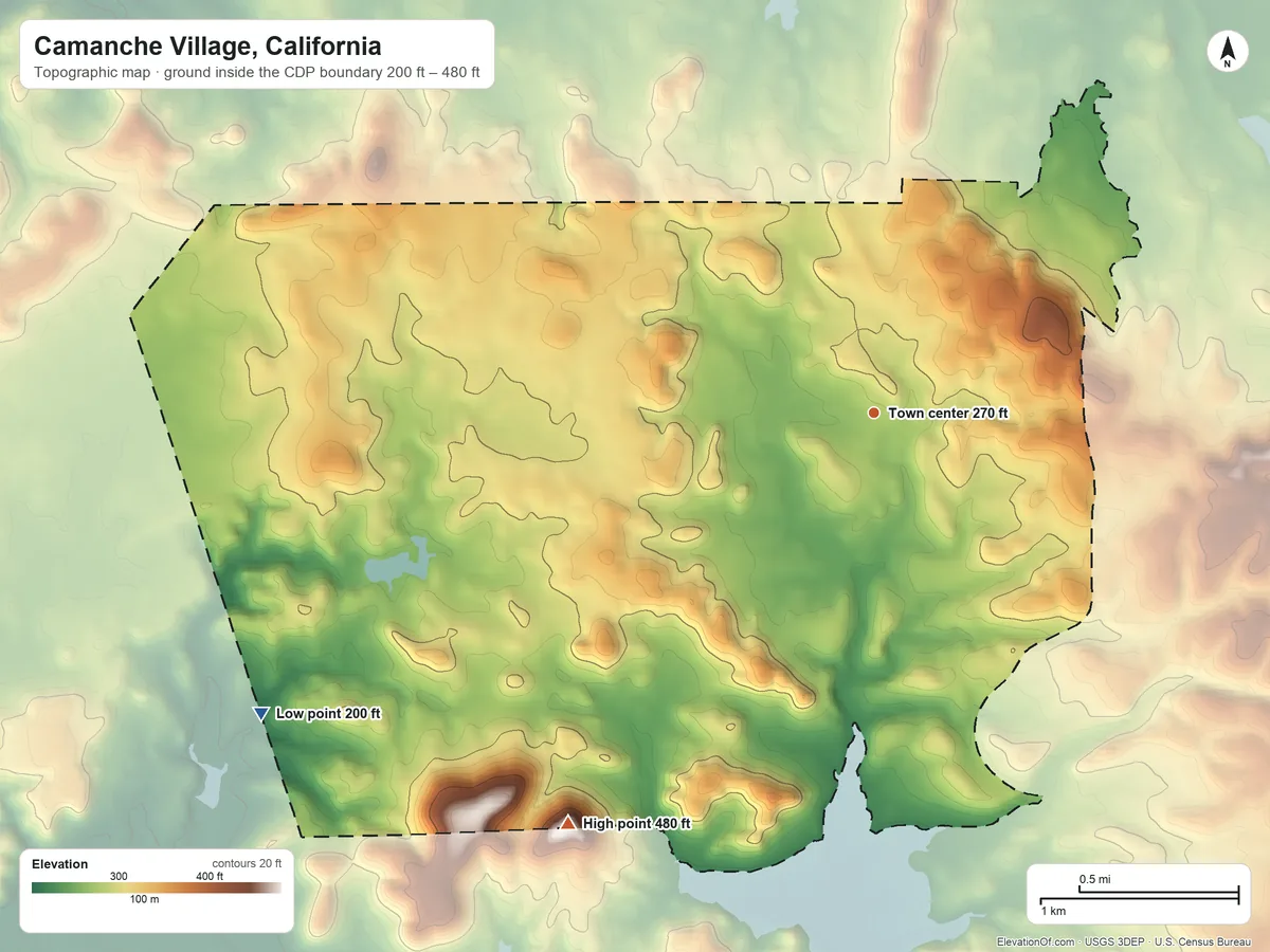 Topographic elevation map of Camanche Village, California, shaded from 200 ft on the southwest side to 480 ft on the southwest side