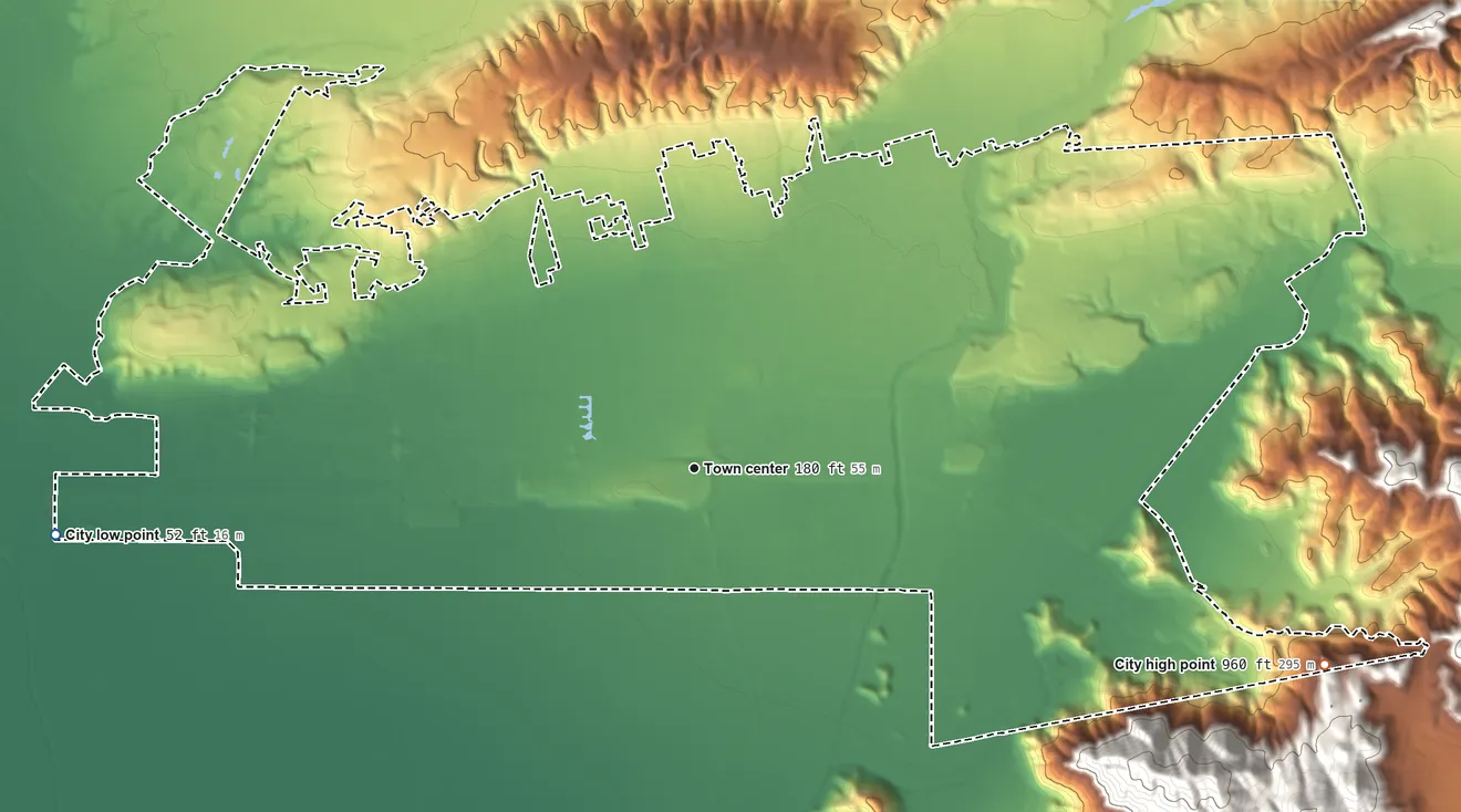 Topographic elevation map of Camarillo, California, shaded from 52 ft on the west side to 960 ft at the foot of the Simi Hills