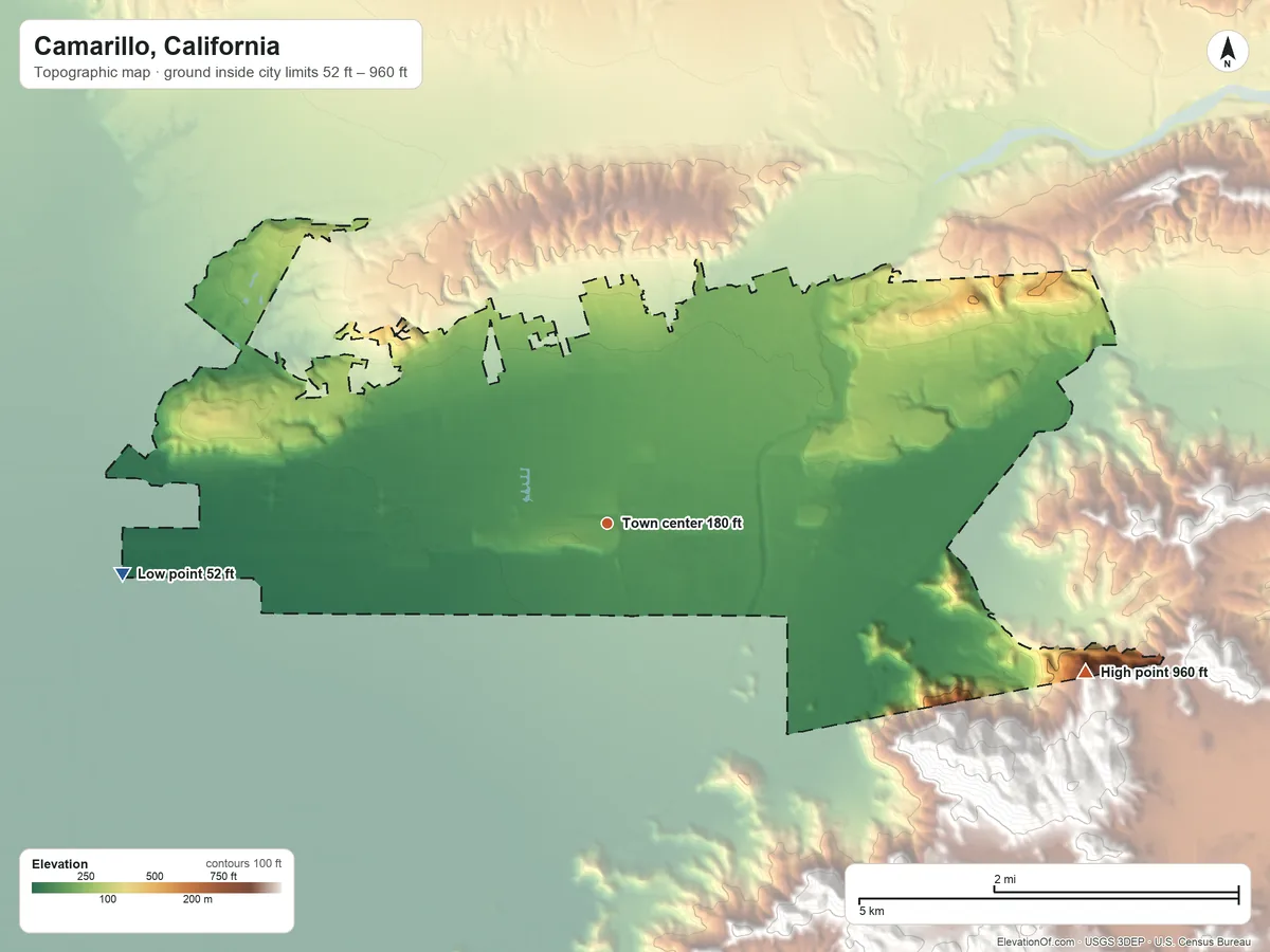 Topographic elevation map of Camarillo, California, shaded from 52 ft on the west side to 960 ft at the foot of the Simi Hills