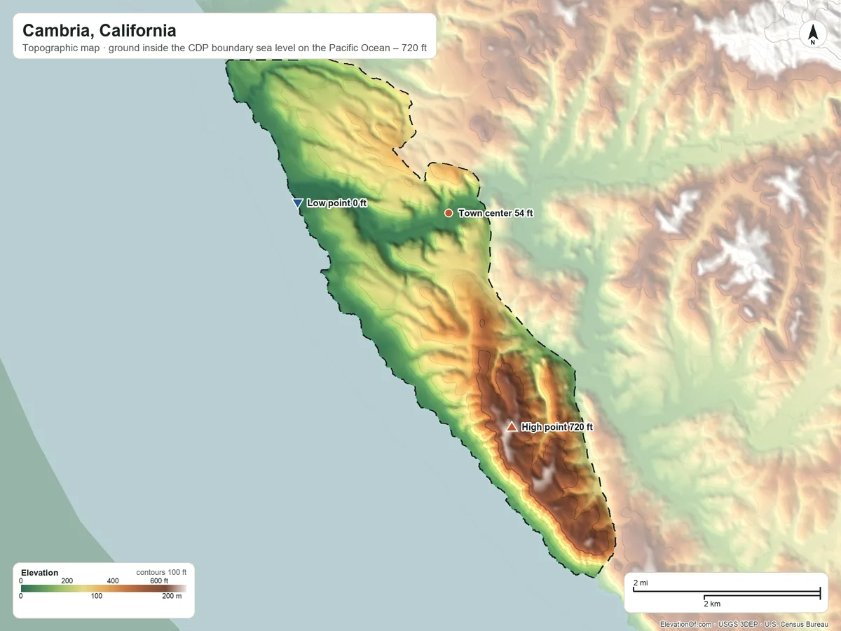 Topographic elevation map of Cambria, California, shaded from sea level level on the Pacific Ocean to 720 ft on the south side