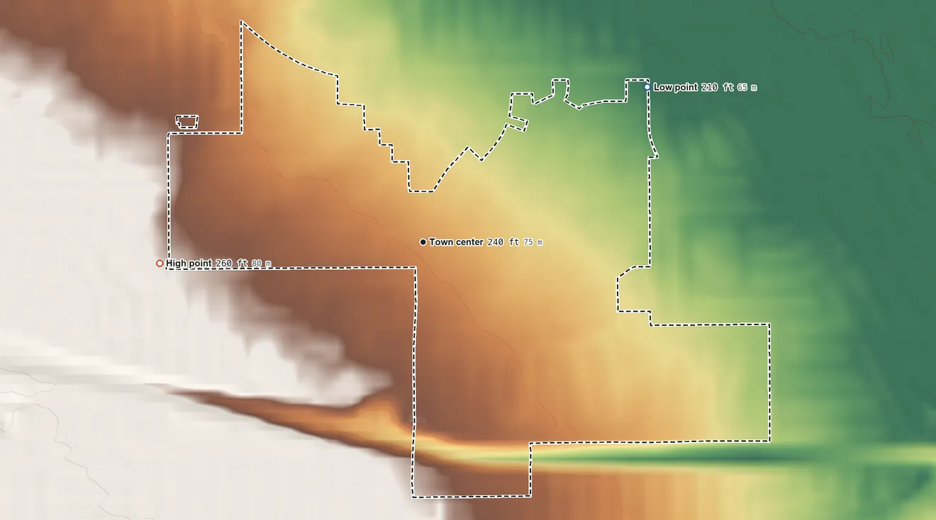 Topographic elevation map of Cambrian Park, California, shaded from 210 ft on the northeast side to 260 ft at the foot of the Sierra Azul