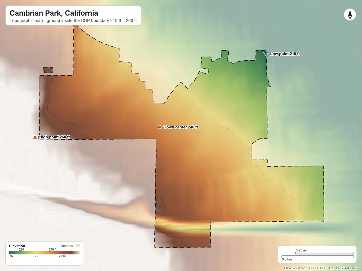 Topographic elevation map of Cambrian Park, California, shaded from 210 ft on the northeast side to 260 ft at the foot of the Sierra Azul
