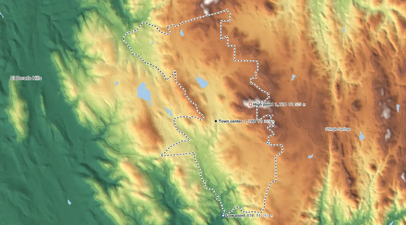 Topographic elevation map of Cameron Park, California, shaded from 870 ft on the south side to 1,720 ft on the northeast side