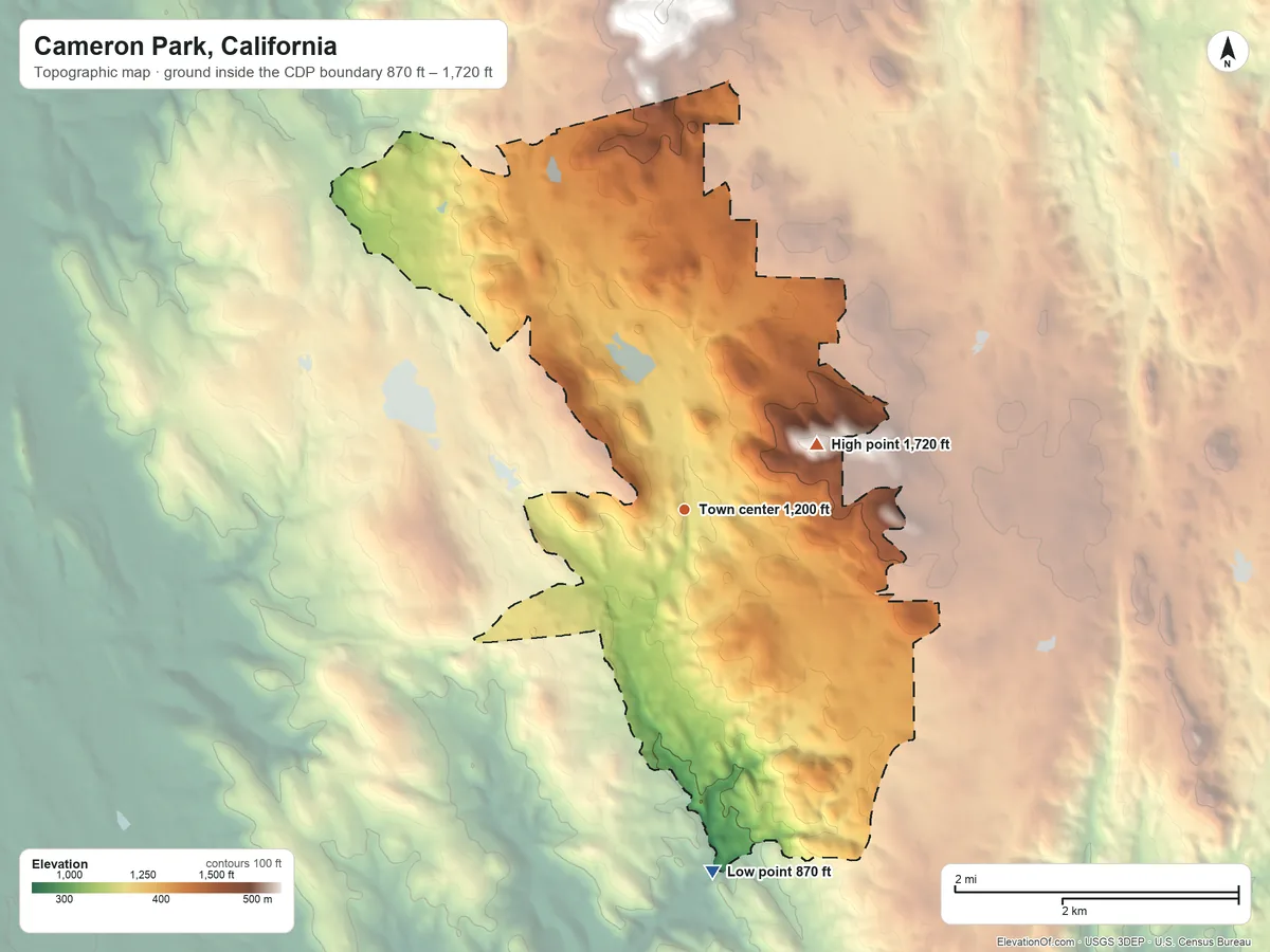 Topographic elevation map of Cameron Park, California, shaded from 870 ft on the south side to 1,720 ft on the northeast side