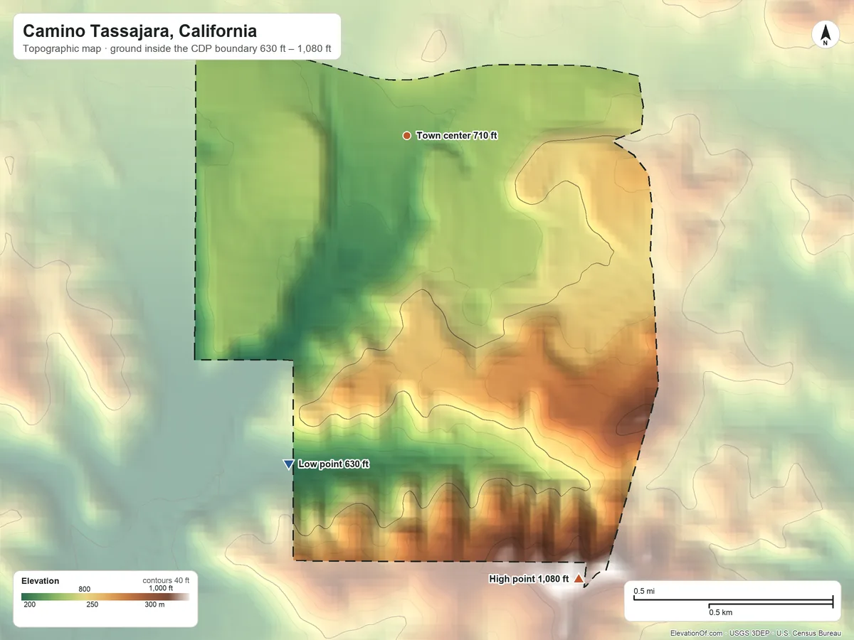Topographic elevation map of Camino Tassajara, California, shaded from 630 ft on the south side to 1,080 ft on the south side
