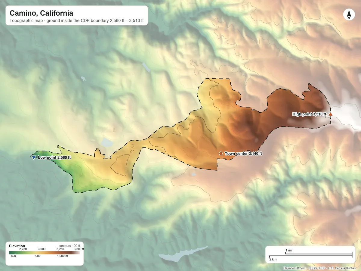 Topographic elevation map of Camino, California, shaded from 2,560 ft on the west side to 3,510 ft on the east side