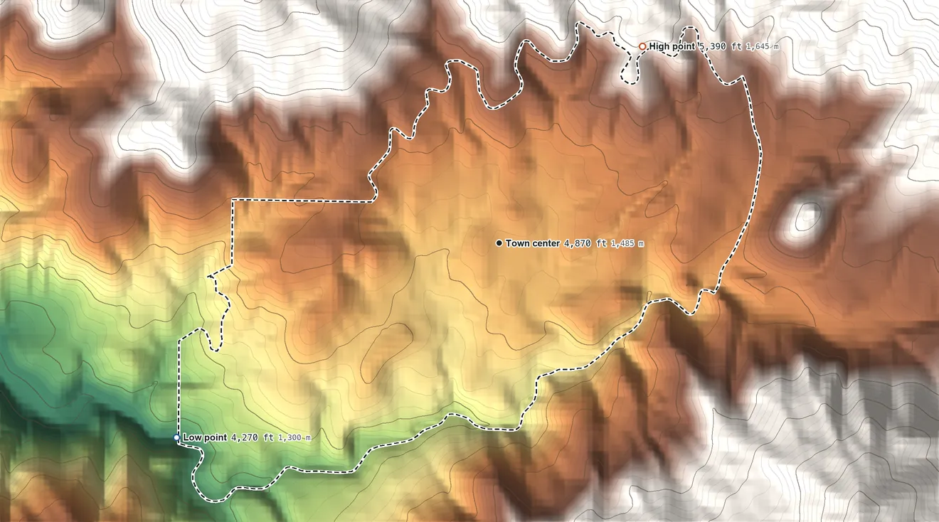 Topographic elevation map of Camp Nelson, California, shaded from 4,270 ft on the southwest side to 5,390 ft on the northeast edge, below higher ground just outside