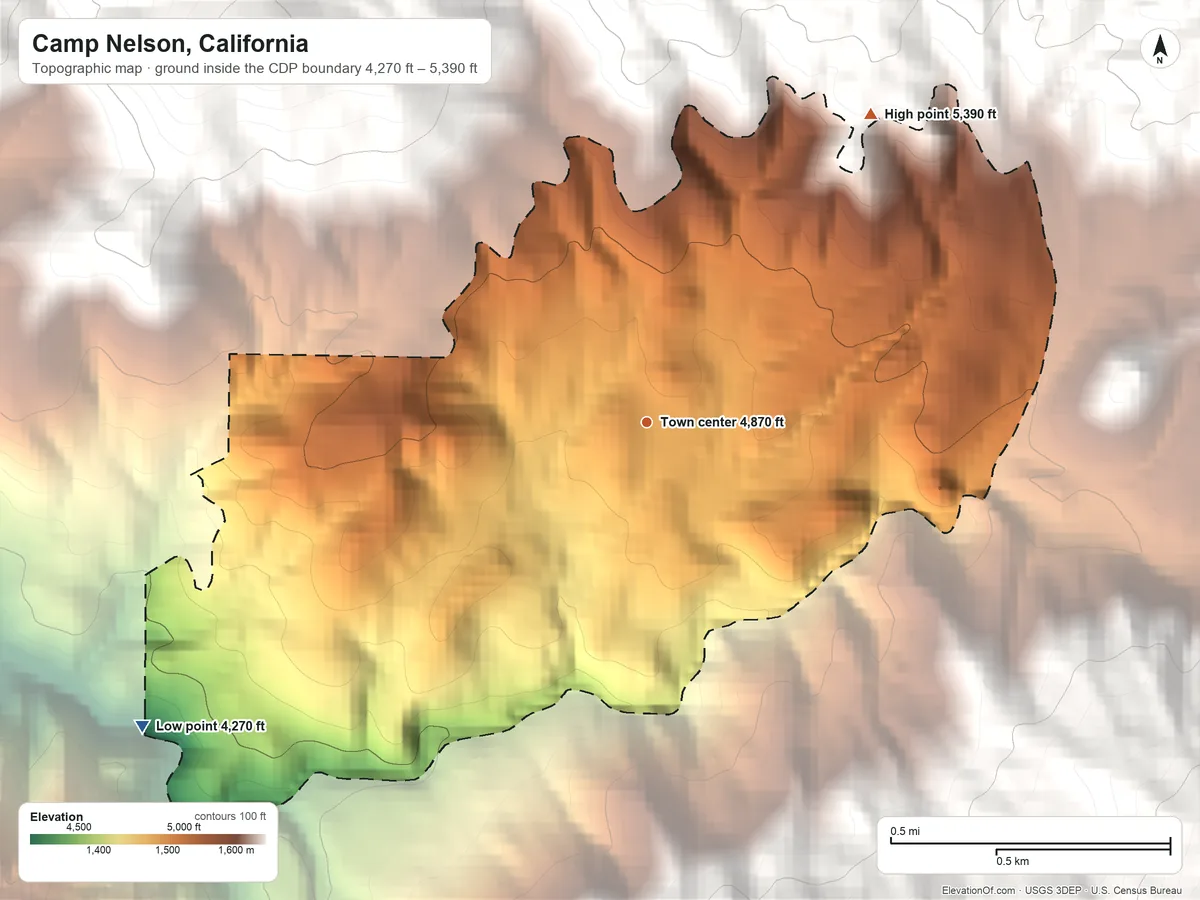 Topographic elevation map of Camp Nelson, California, shaded from 4,270 ft on the southwest side to 5,390 ft on the northeast edge, below higher ground just outside