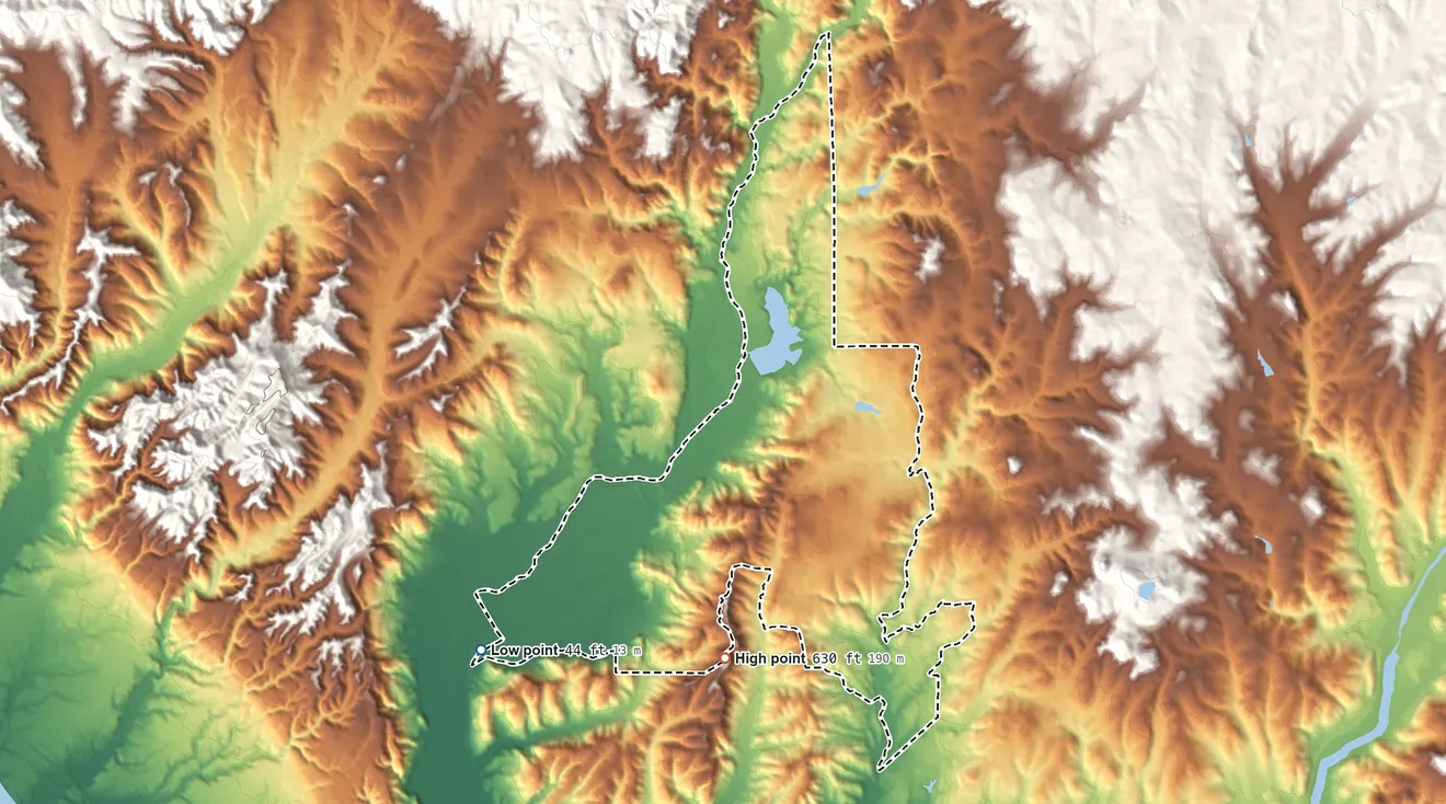 Topographic elevation map of Camp Pendleton Mainside, California, shaded from 44 ft on the west side to 630 ft on the southwest side