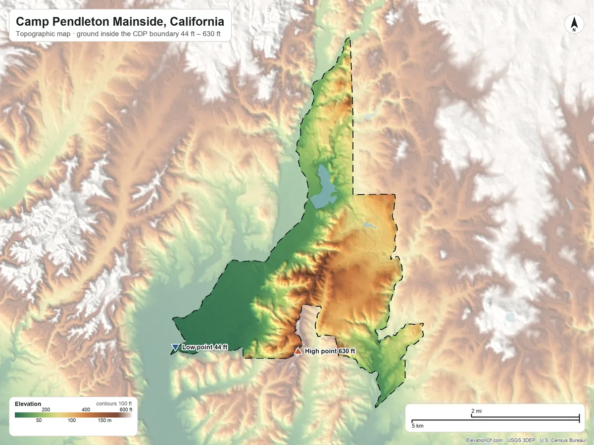 Topographic elevation map of Camp Pendleton Mainside, California, shaded from 44 ft on the west side to 630 ft on the southwest side
