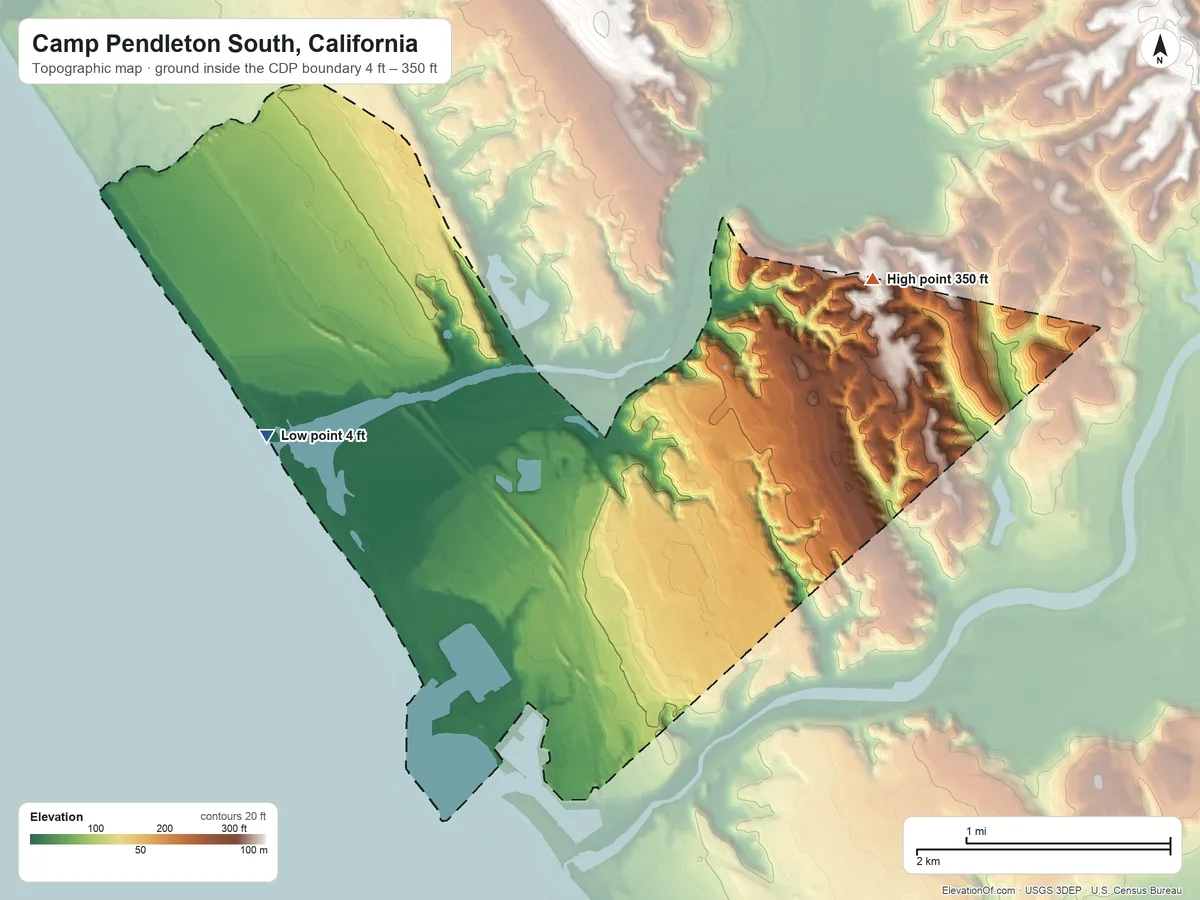 Topographic elevation map of Camp Pendleton South, California, shaded from 4 ft on the west side to 350 ft on the northeast side