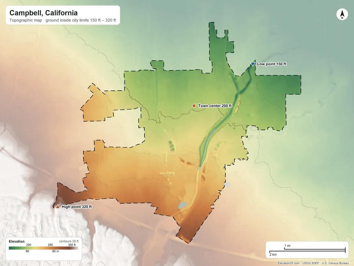 Topographic elevation map of Campbell, California, shaded from 150 ft on the northeast side to 320 ft on the southwest side