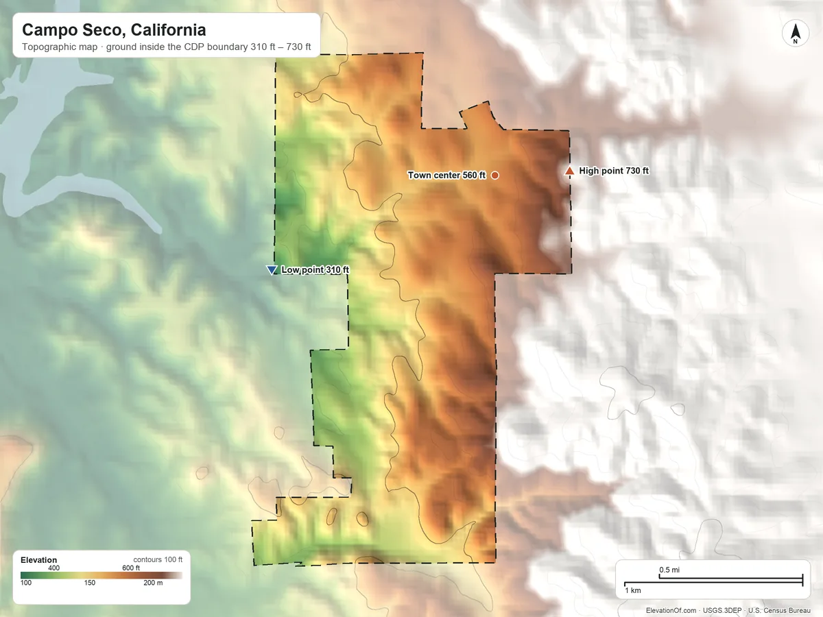 Topographic elevation map of Campo Seco, California, shaded from 310 ft on the southwest side to 730 ft on the east edge, below higher ground just outside