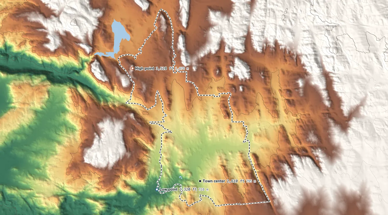 Topographic elevation map of Campo, California, shaded from 2,320 ft on the west side to 3,520 ft at the foot of the In-Ko-Pah Mountains