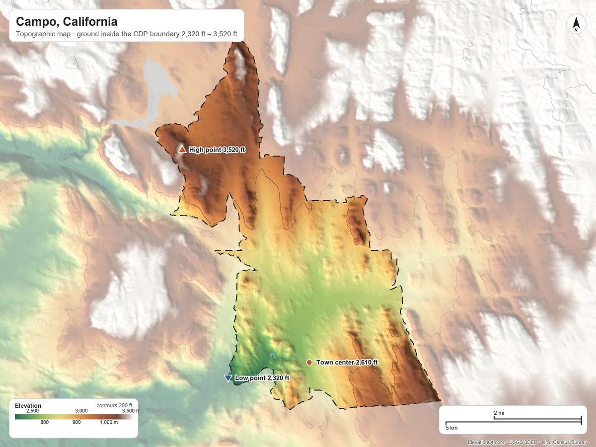 Topographic elevation map of Campo, California, shaded from 2,320 ft on the west side to 3,520 ft at the foot of the In-Ko-Pah Mountains