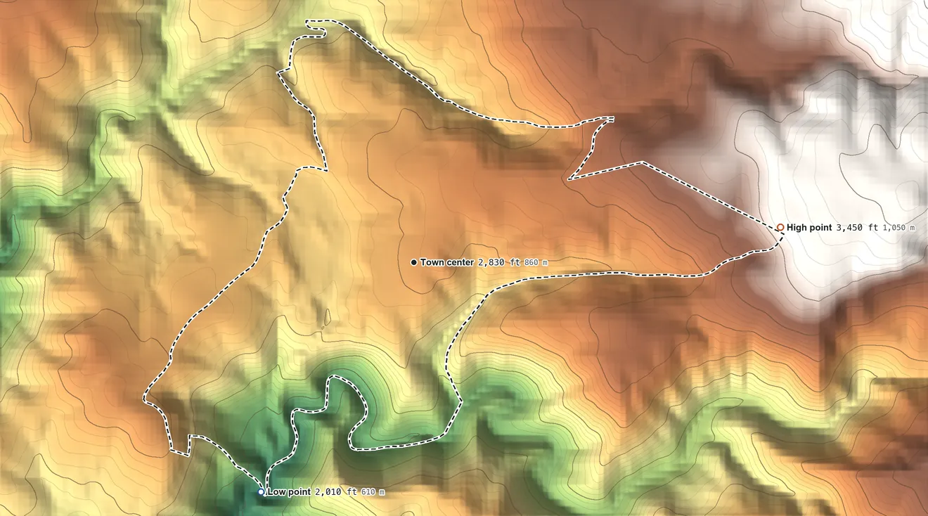 Topographic elevation map of Camptonville, California, shaded from 2,010 ft on the southwest side to 3,450 ft on the east edge, below higher ground just outside