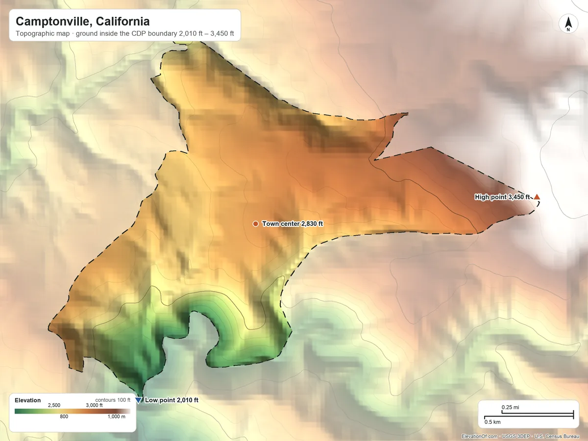 Topographic elevation map of Camptonville, California, shaded from 2,010 ft on the southwest side to 3,450 ft on the east edge, below higher ground just outside