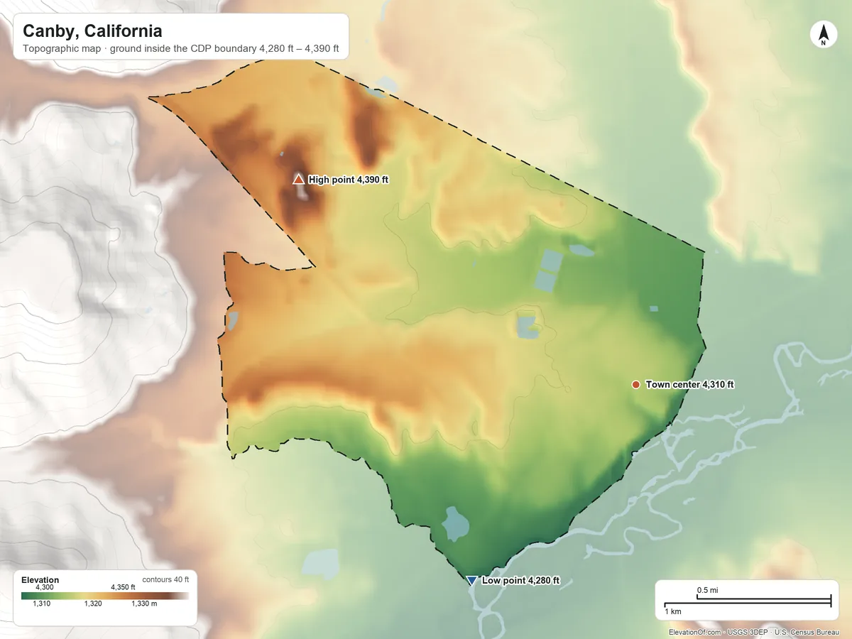 Topographic elevation map of Canby, California, shaded from 4,280 ft on the southwest side to 4,390 ft on the northwest edge, below higher ground just outside
