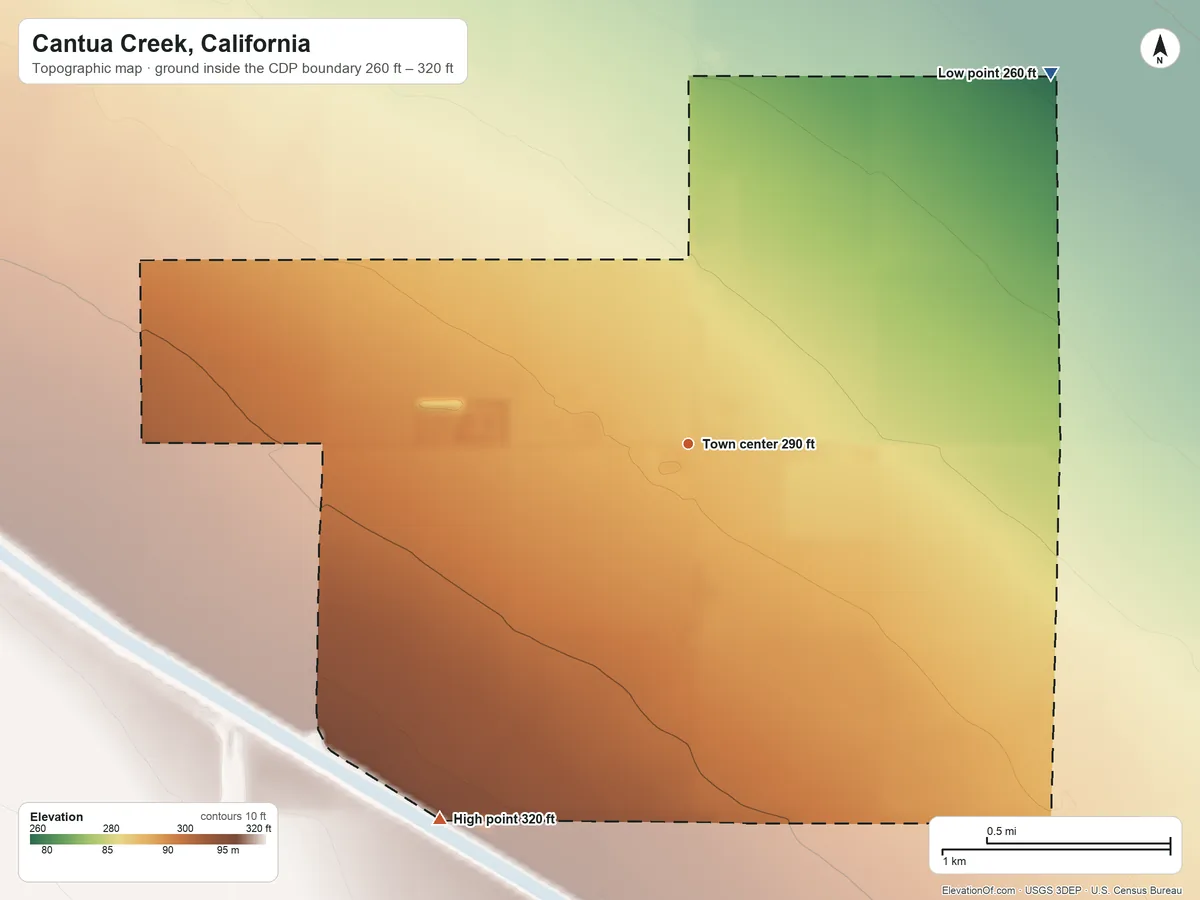 Topographic elevation map of Cantua Creek, California, shaded from 260 ft on the northeast side to 320 ft on the southwest side
