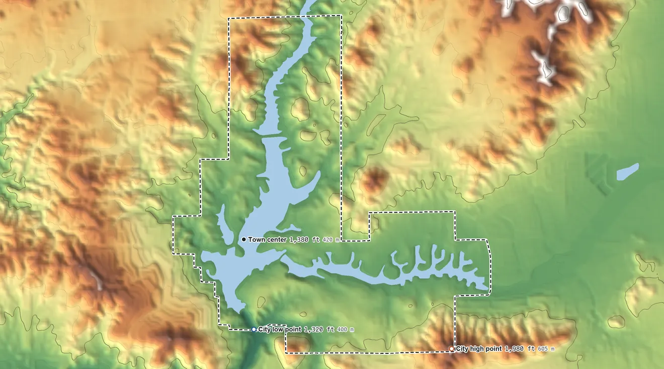 Topographic elevation map of Canyon Lake, California, shaded from 1,320 ft on the south side to 1,980 ft on the southeast side