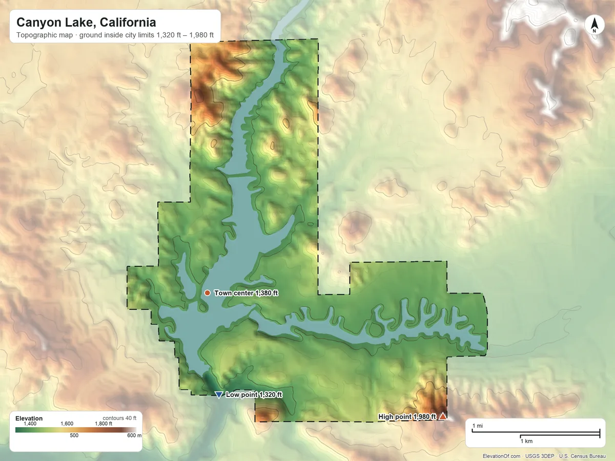 Topographic elevation map of Canyon Lake, California, shaded from 1,320 ft on the south side to 1,980 ft on the southeast side