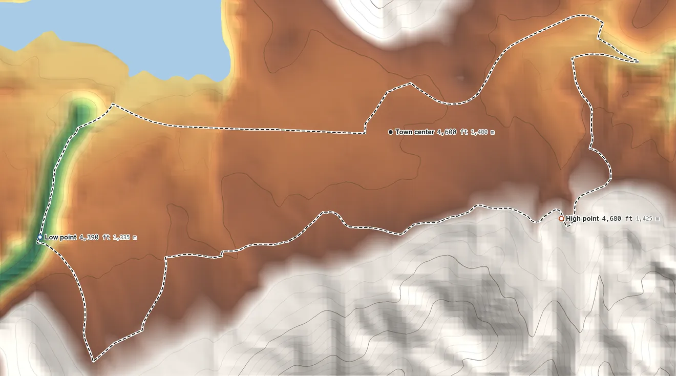 Topographic elevation map of Canyondam, California, shaded from 4,390 ft on the west side to 4,680 ft on the southeast edge, below higher ground just outside