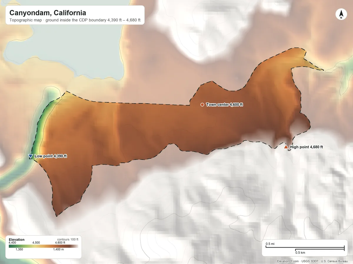 Topographic elevation map of Canyondam, California, shaded from 4,390 ft on the west side to 4,680 ft on the southeast edge, below higher ground just outside