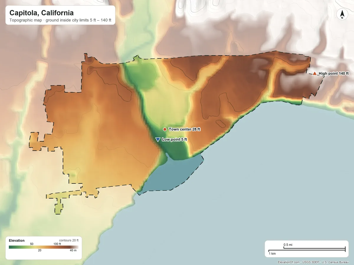 Topographic elevation map of Capitola, California, shaded from 5 ft near the middle to 140 ft at the foot of the Sierra Azul