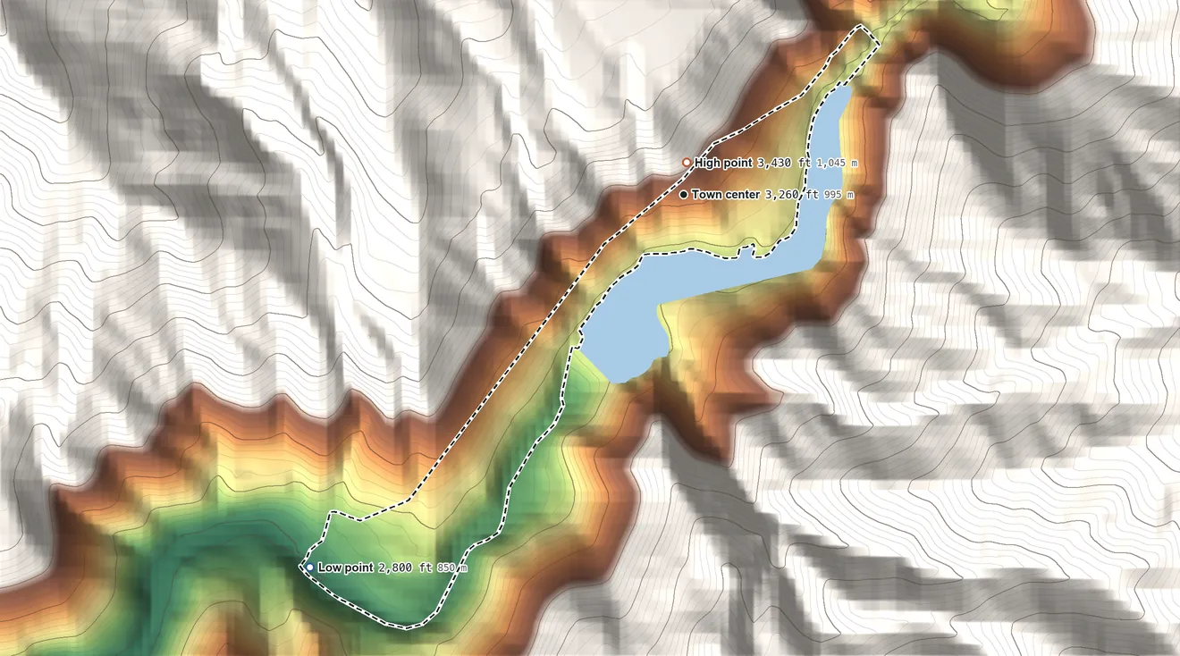 Topographic elevation map of Caribou, California, shaded from 2,800 ft on the southwest side to 3,430 ft on the north edge, below higher ground just outside